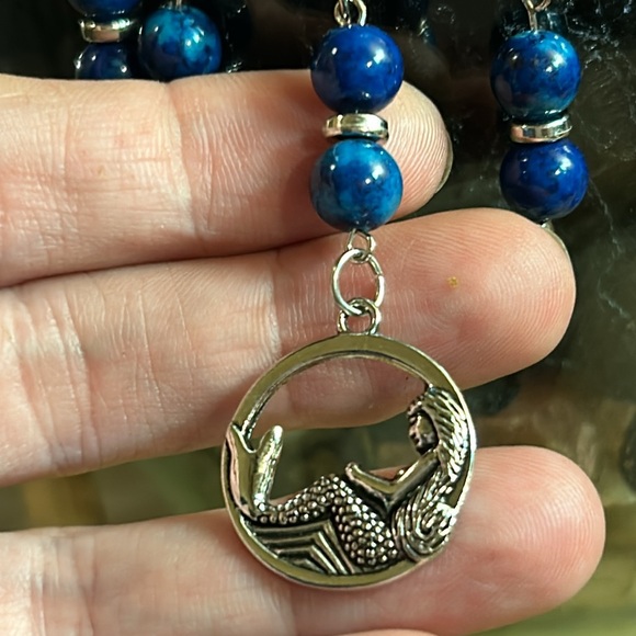 Tan Faux Suede Braided Choker, Blue Stones & Mermaid charm - Picture 5 of 7